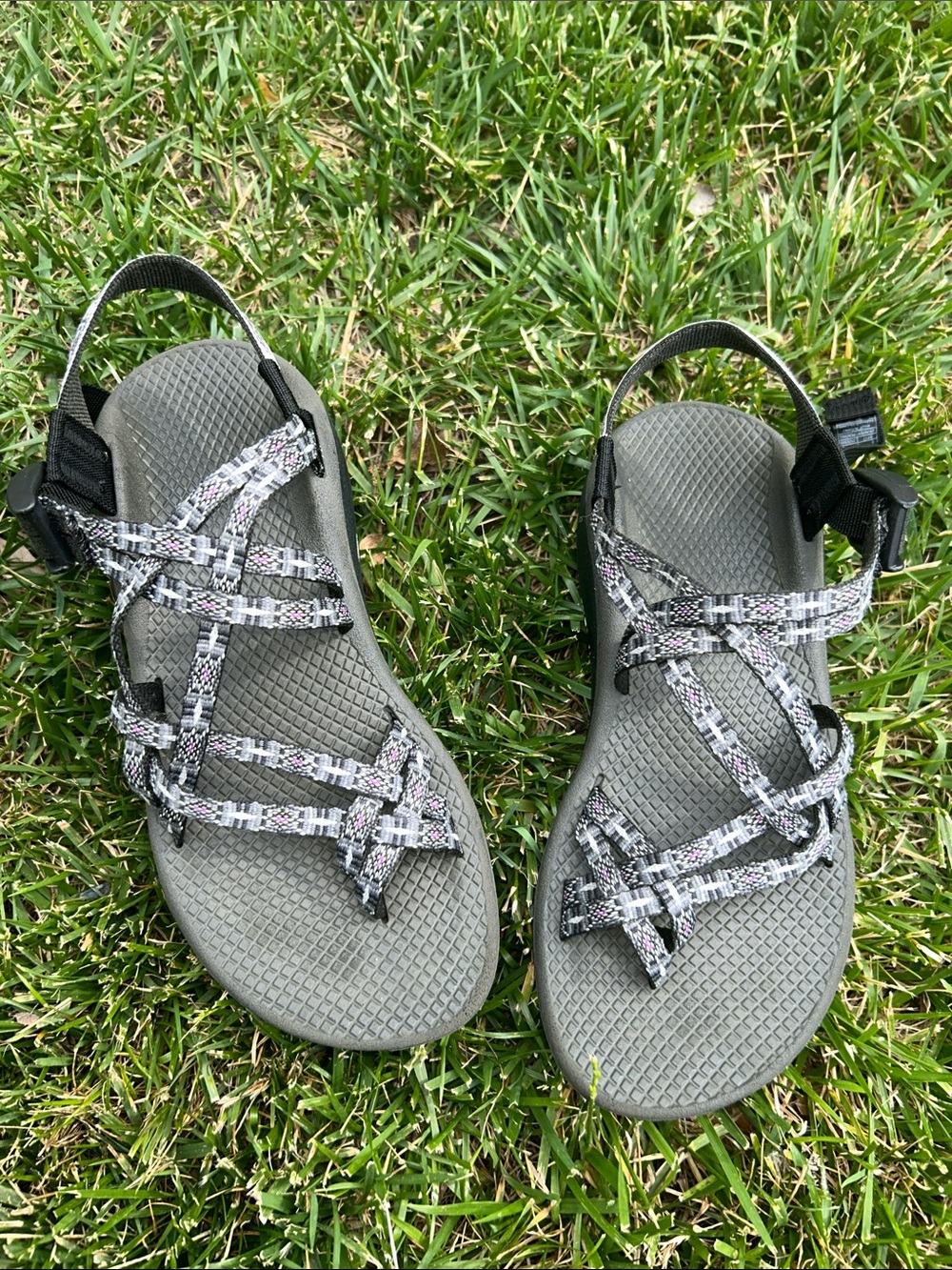 EUC Chaco Gray Sandals with Black & White Strappy Pattern